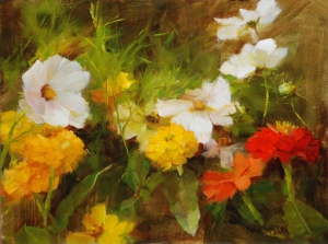 Yellow Zinnias with Cosmos by Kathy Anderson  Kathy Anderson